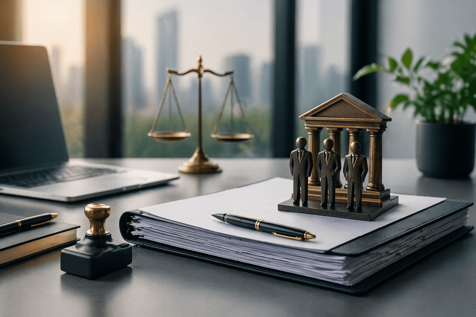 Tax advisory desk with calculator, globe, legal scale, and financial documents