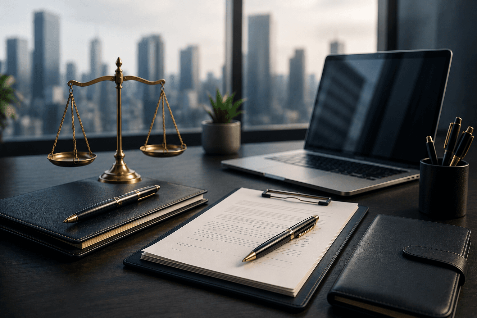 Commercial contract drafting desk with agreements, legal scale, and documents