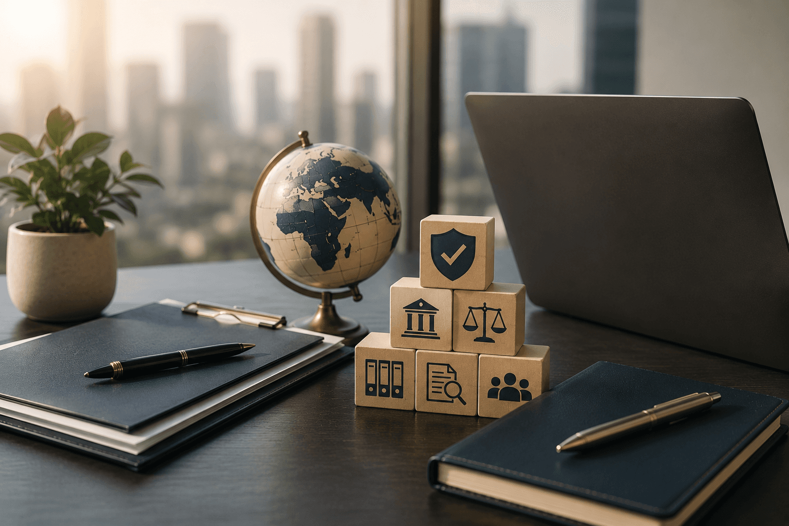 Regulatory compliance advisory desk with legal documents and compliance checklist