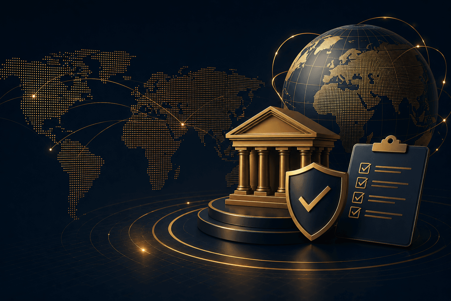 Regulatory licensing and registration desk with compliance certificates and globe