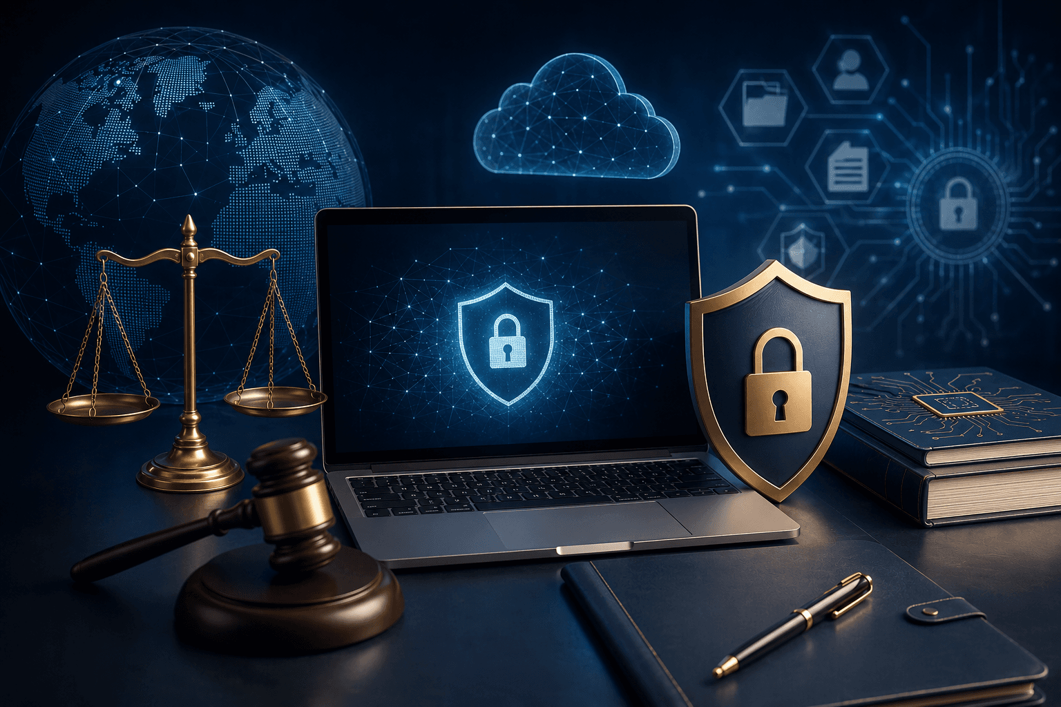 Technology law and data privacy desk with digital devices and legal documents