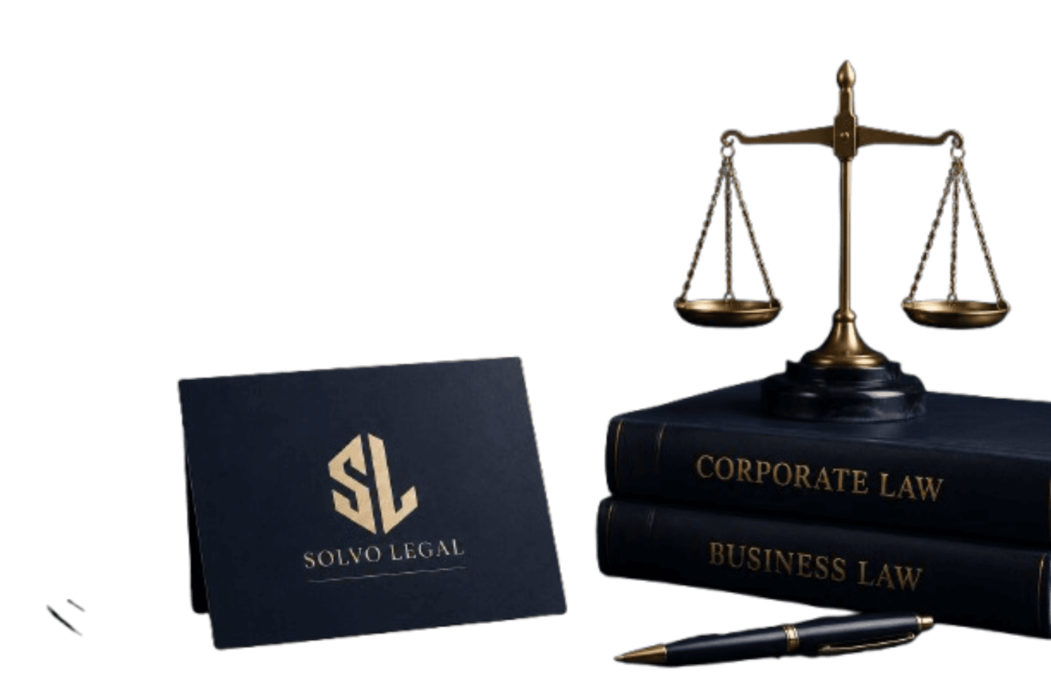 Legal desk with business documents, books, laptop, and a balance scale